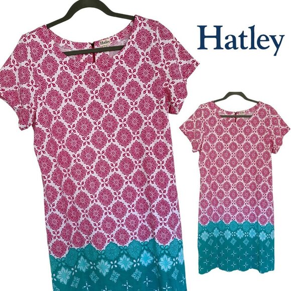 Hatley, Nellie, Cotton Short Sleeve Geometric Dress, Fuchsia Compass, Pink, Teal - Picture 1 of 7